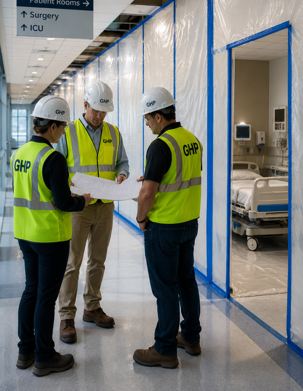 Healthcare construction team reviewing ICRA containment planning in an active hospital environment